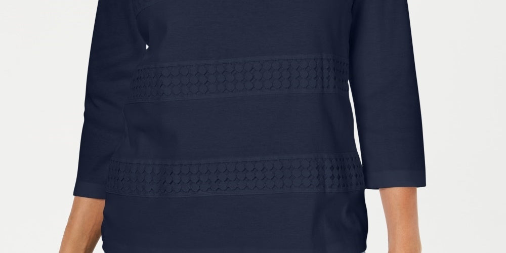Karen Scott Women's Lace Square Neck 3/4 Sleeve Top Navy - Size Petite Medium