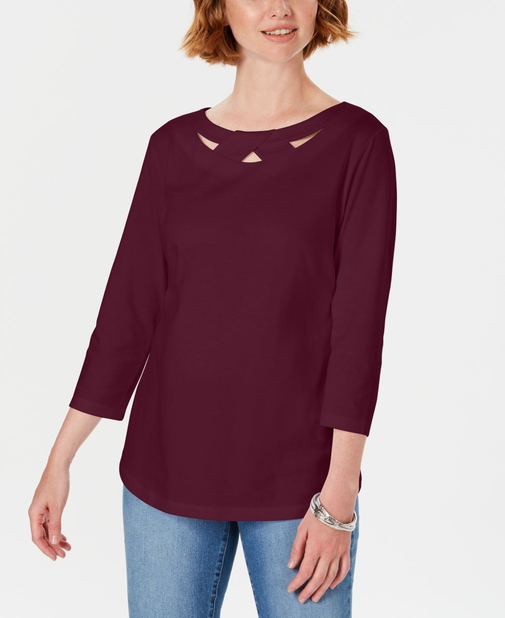 Karen Scott Women's Three Quarter Sleeve Cutout Top Red Size Small
