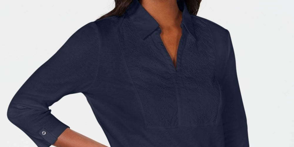 Karen Scott Women's Cotton Eyelet Yoke Top Navy Size X-Small