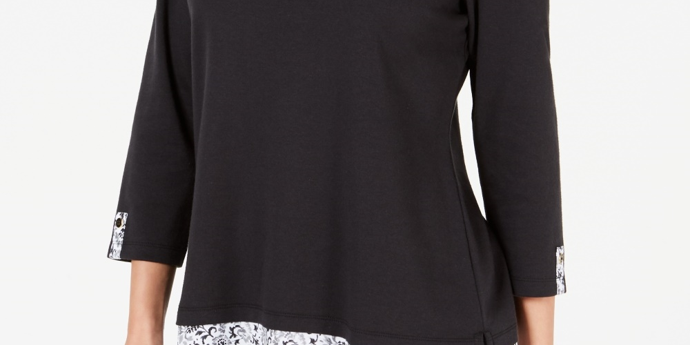 Karen Scott Women's Petite Printed-Trim Top Black Small
