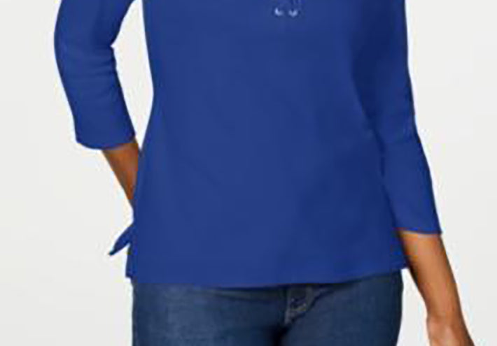 Karen Scott Women's Cotton Lace Up Shirt Ultra Blue Size Small