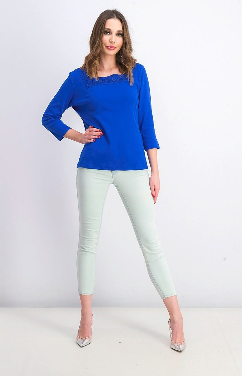 Karen Scott Women's Crochet Square-Neck Top Navy Size X-Small