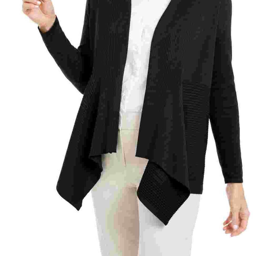 JM Collection Women's Petite Mixed-Ribbed Flyaway Cardigan Black Size Large