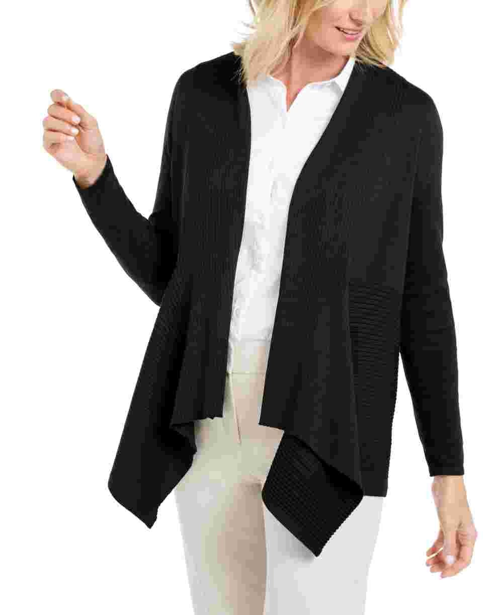 JM Collection Women's Petite Mixed-Ribbed Flyaway Cardigan Black Size X-Large
