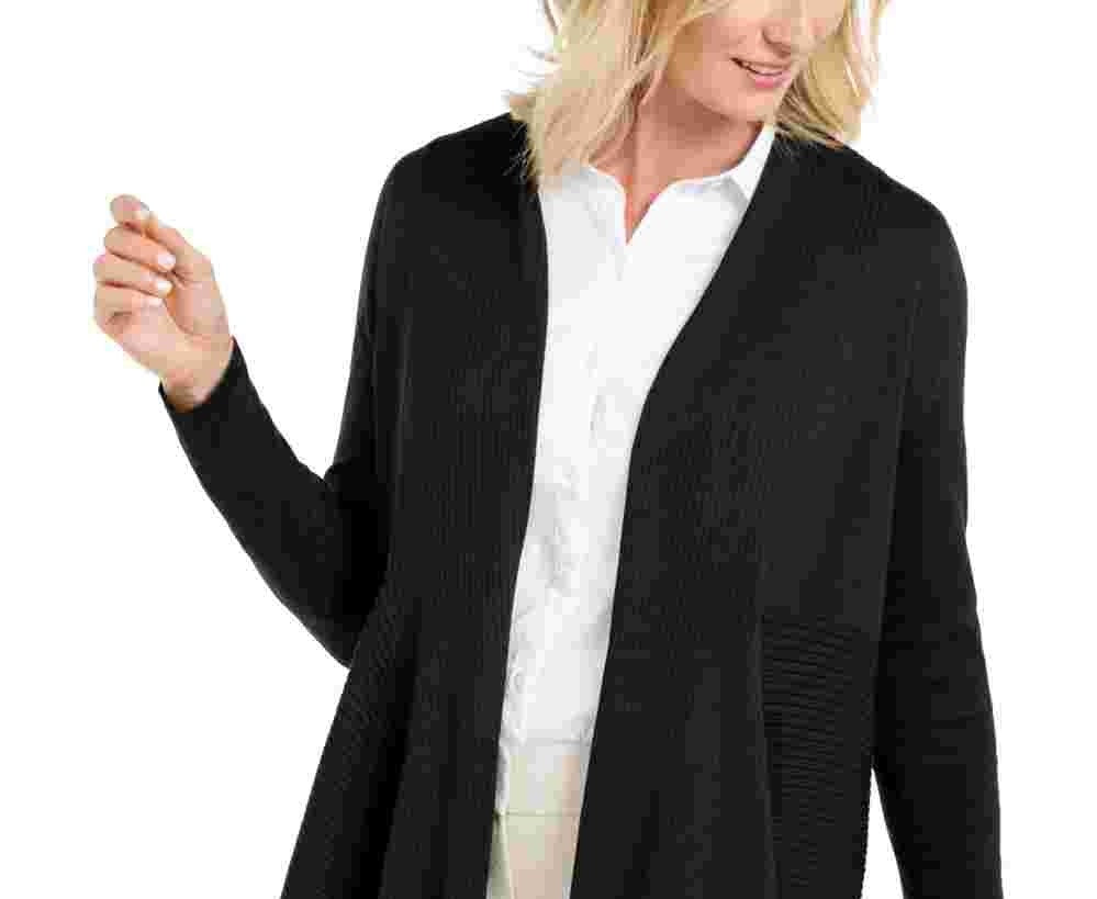 JM Collection Women's Petite Mixed-Ribbed Flyaway Cardigan Black Size X-Large