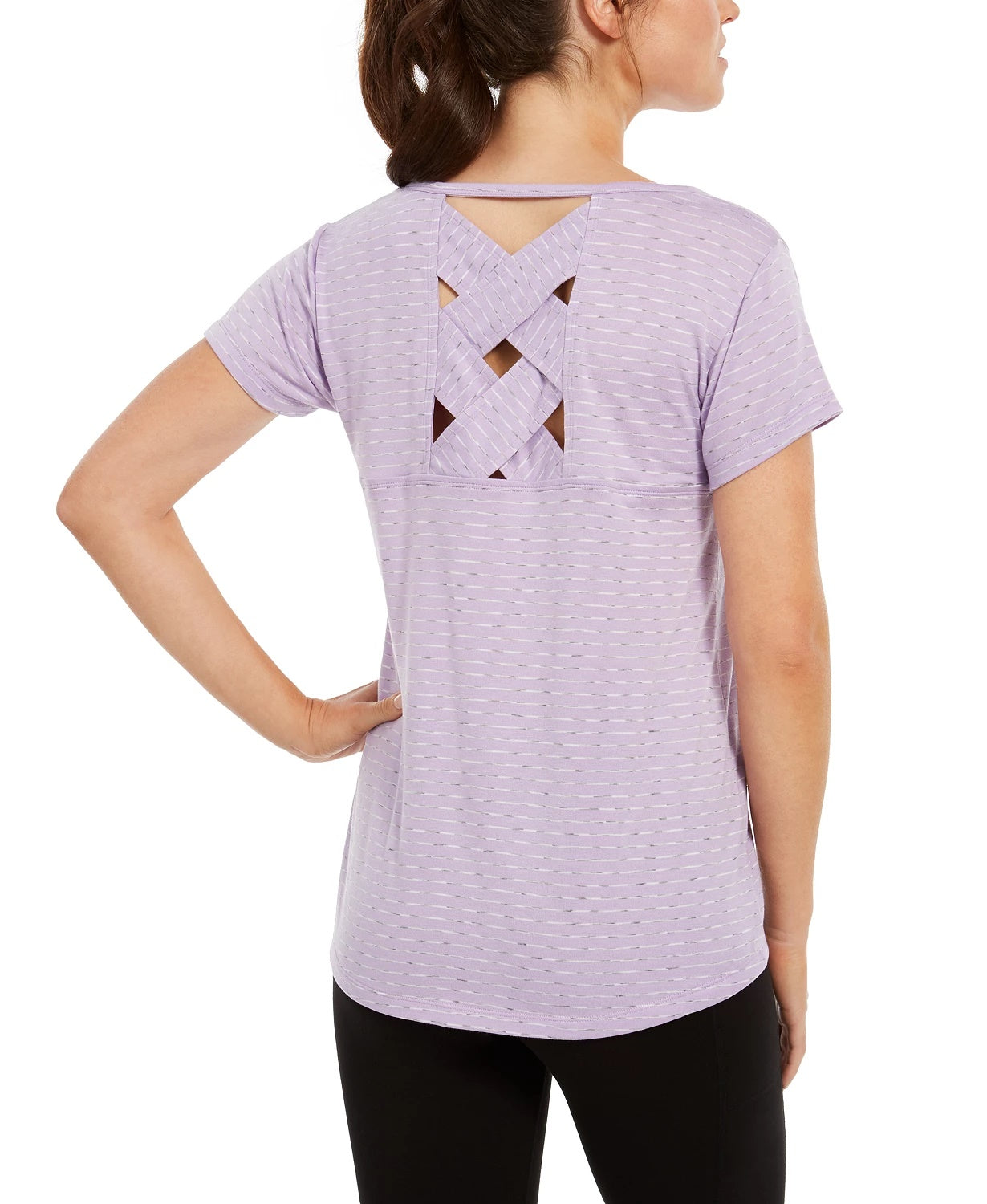 Ideology Women's Striped Lattice-Back T-Shirt  Purple Size XX-Large
