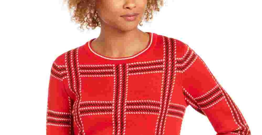 Charter Club Women's Printed Long Sleeve Crew Neck Blouse Top Red Size Petite Small