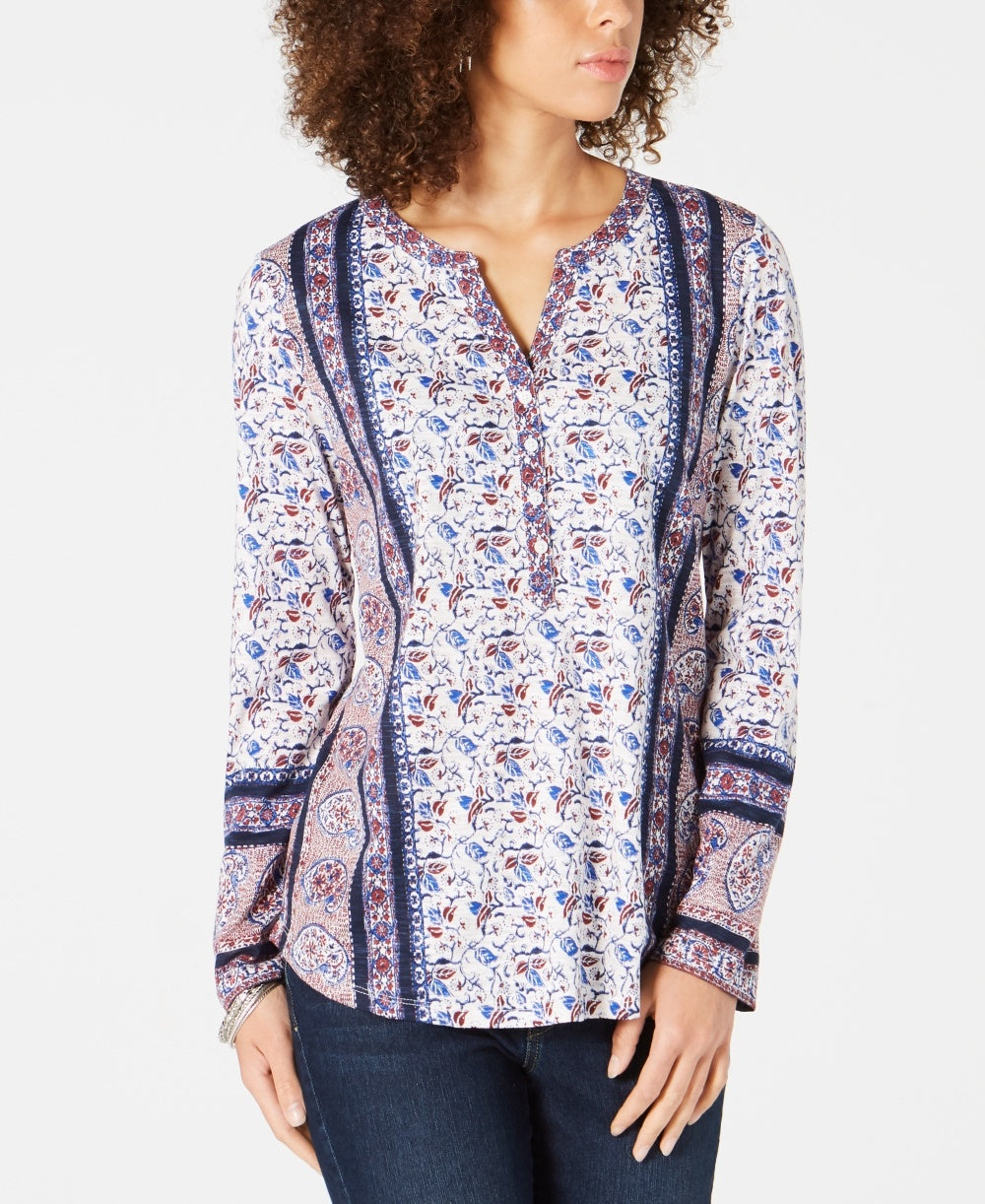 Style & Co Women's Printed Roll Tab Sleeve Top Navy Size Petite Petite