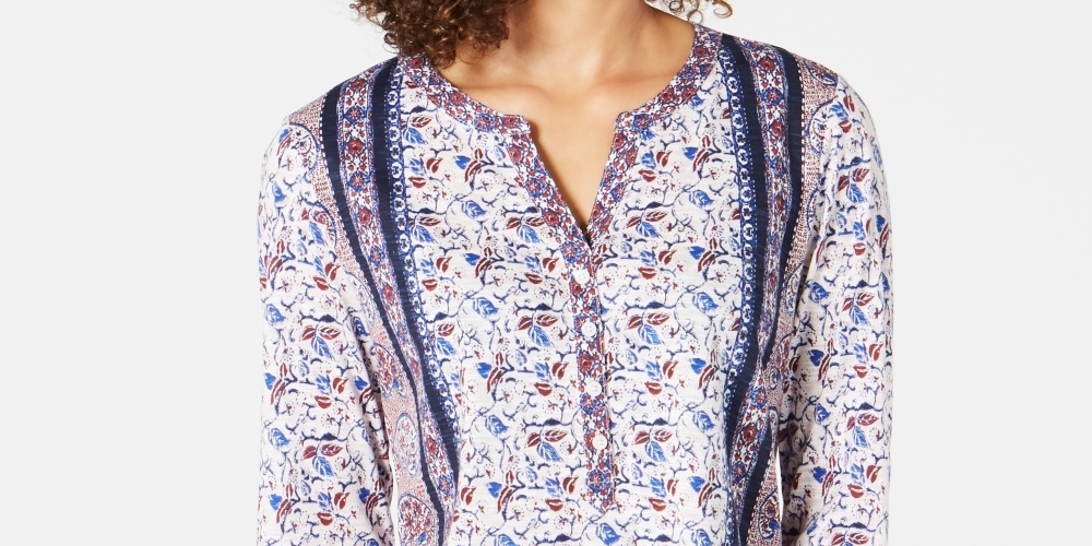 Style & Co Women's Printed Roll Tab Sleeve Top Navy Size Petite Petite