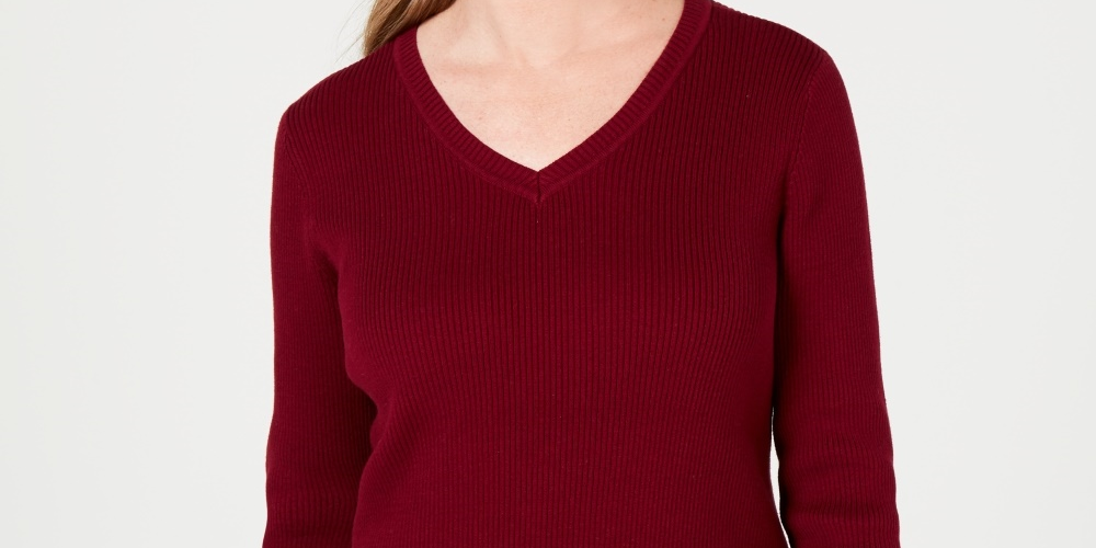 Karen Scott Women's Cotton V-Neck Sweater  Red Size Large