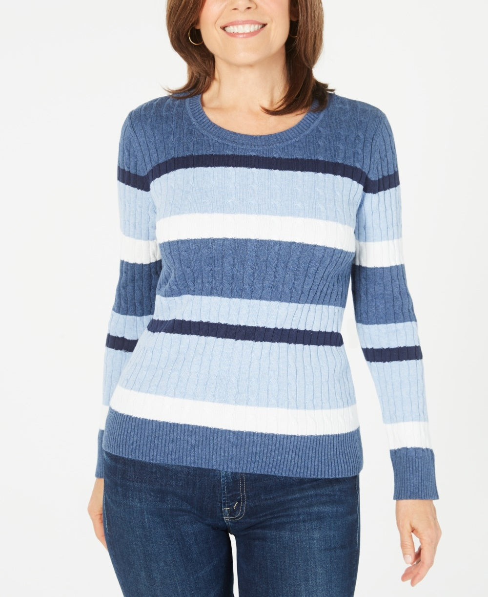Karen Scott Women's Cotton Striped Cable Knit Sweater Blue Size Petite Large