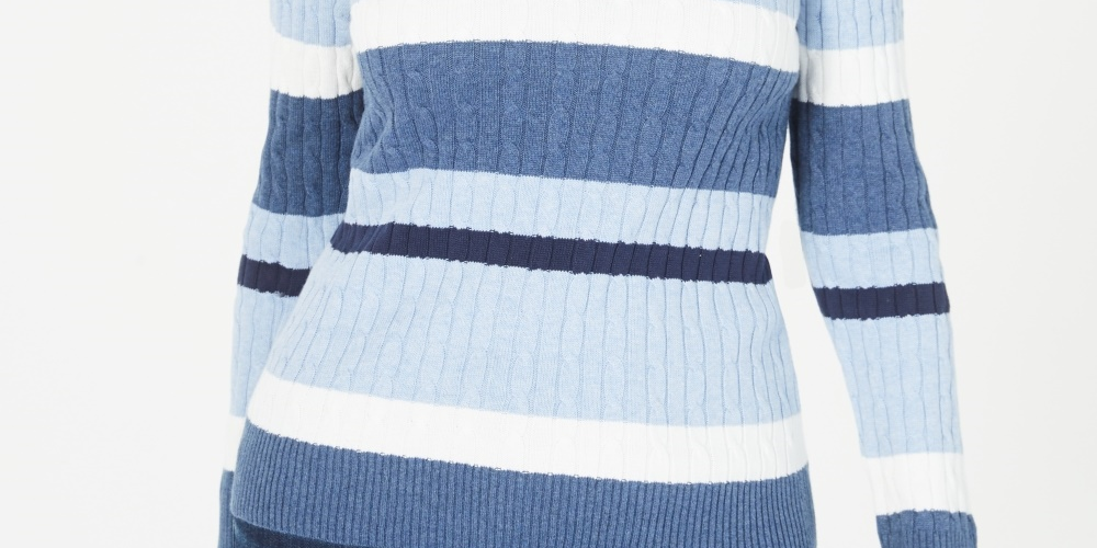 Karen Scott Women's Cotton Striped Cable Knit Sweater Blue Size Petite Large