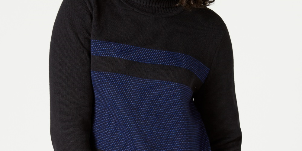Karen Scott Women's Petite Colorblocked Cotton Turtleneck Sweater Blue Size Petite Large