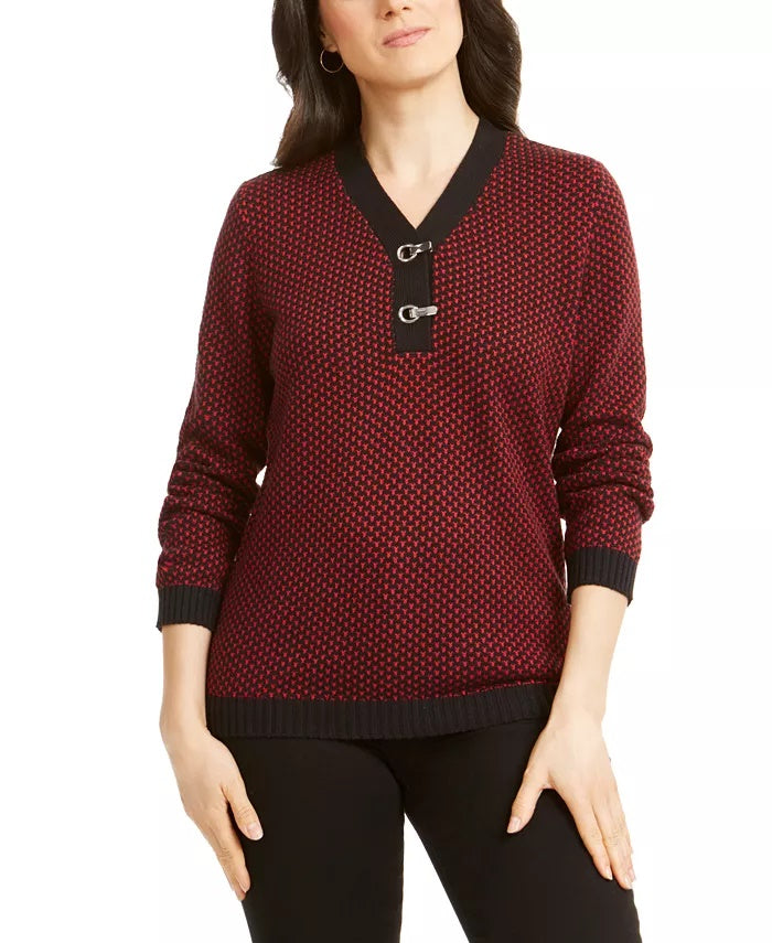Karen Scott Women's Cotton Two Tone Henley Sweater Red Size Petite Small