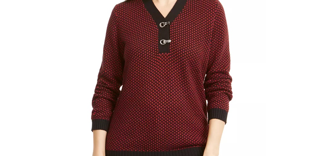 Karen Scott Women's Cotton Two Tone Henley Sweater Red Size Petite Small