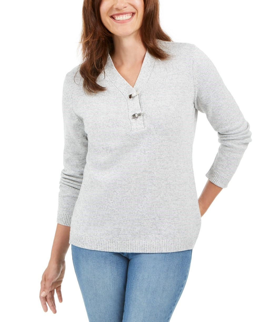 Karen Scott Women's Petite Hardware-Trim Cotton Henley Sweater Gray Size Petite Large
