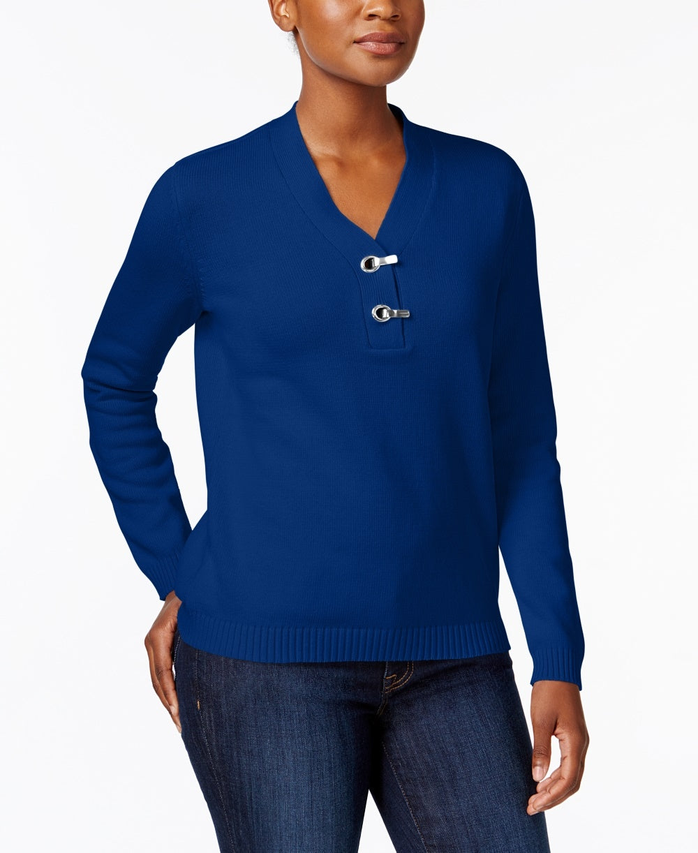 Karen Scott Women's Cotton Toggle Henley Sweater Blue Size Petite Medium