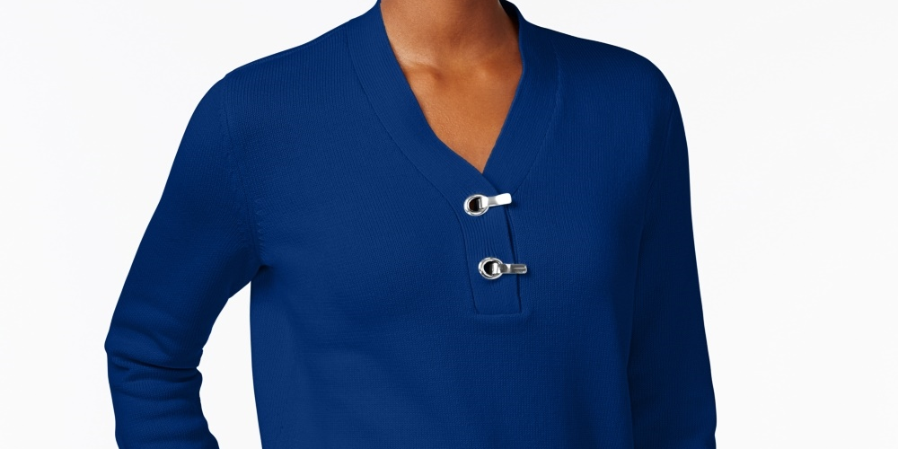 Karen Scott Women's Cotton Toggle Henley Sweater Blue Size Petite Medium