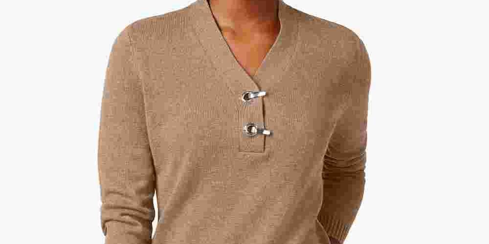 Karen Scott Women's Petite Cotton Toggle Henley Sweater Brown Size Petite X-Large