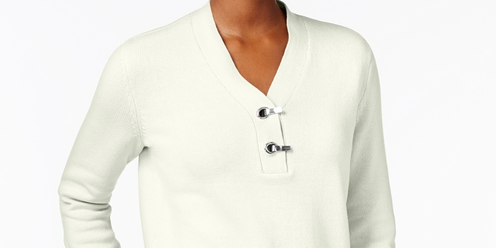 Karen Scott Women's Petite Cotton Toggle Henley Sweater White Size Petite Large