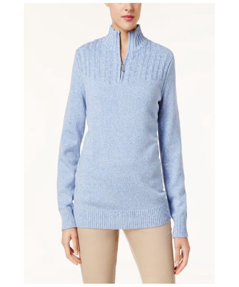 Karen Scott Women's Solid Long Sleeve Zip Neck Sweater Blue Size Petite Small