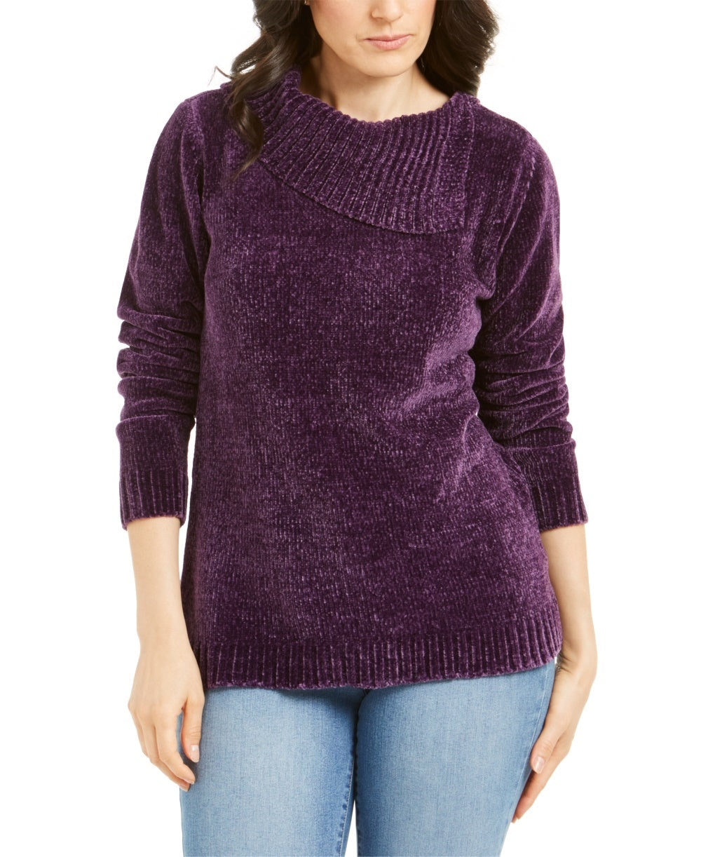 Karen Scott Women's Petite Envelope-Neck Chenille Sweater Purple Size Petite