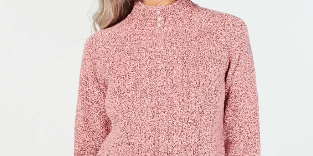 Karen Scott Women's Petite Mock-Neck Cable-Knit Sweater Pink Size Petite Small-Medium