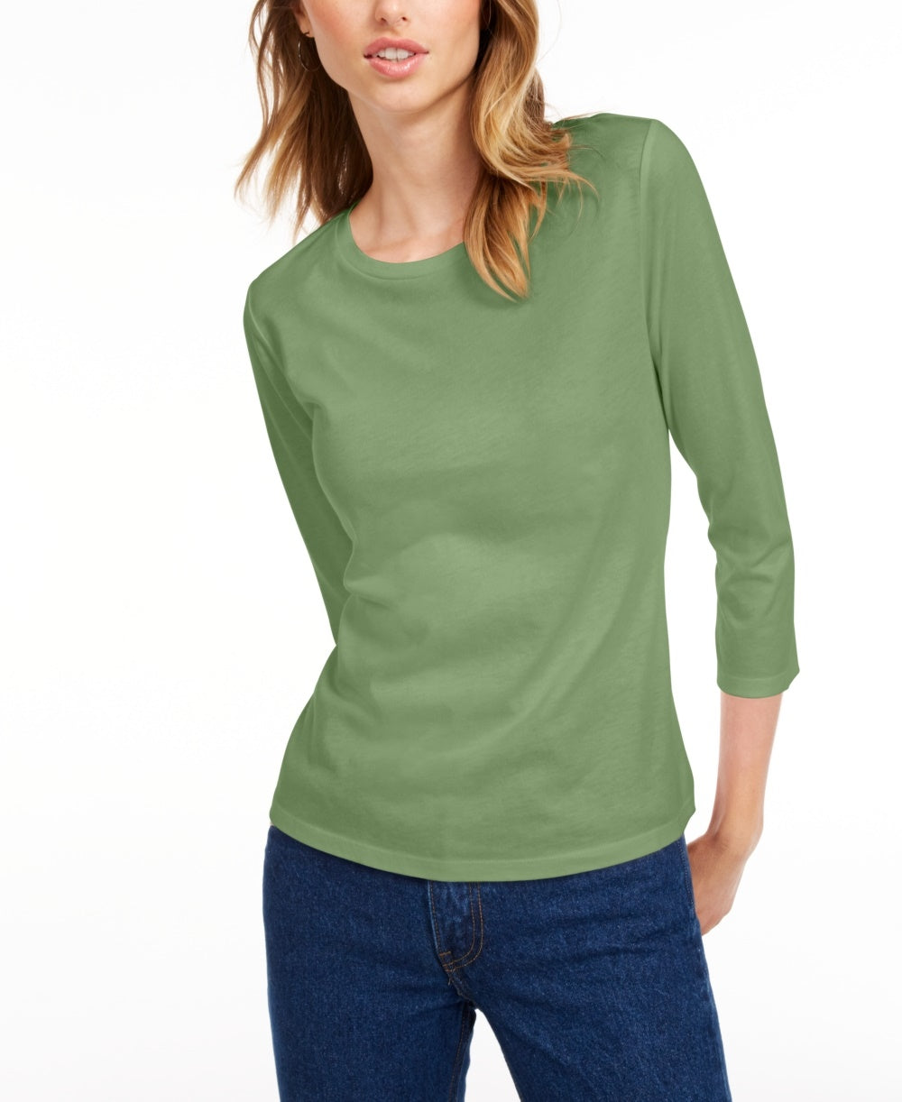 Maison Jules Women's 3/4 Sleeve Solid T Shirt Green Size Medium