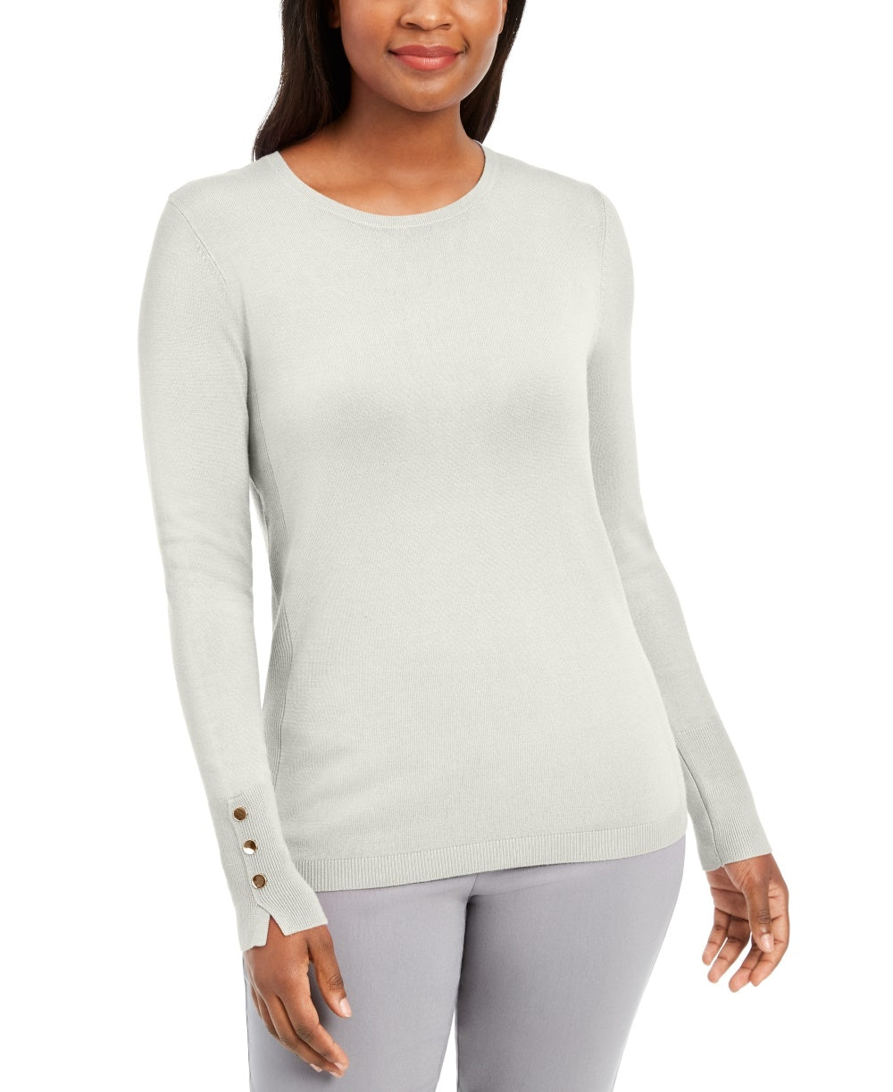 JM Collection Women's Button Cuff Crewneck Sweater White Size Large