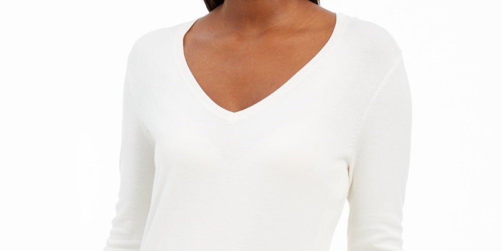 JM Collection Women's Embellished-Sleeve V-Neck Sweater Natural Size Large
