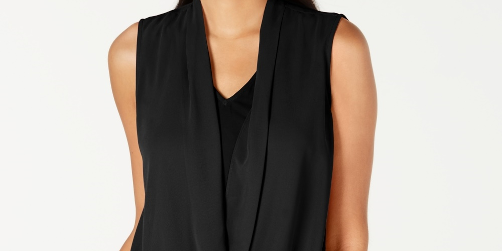 Alfani Women's Petite Sleeveless Draped-Front Top Black Size Petite Small