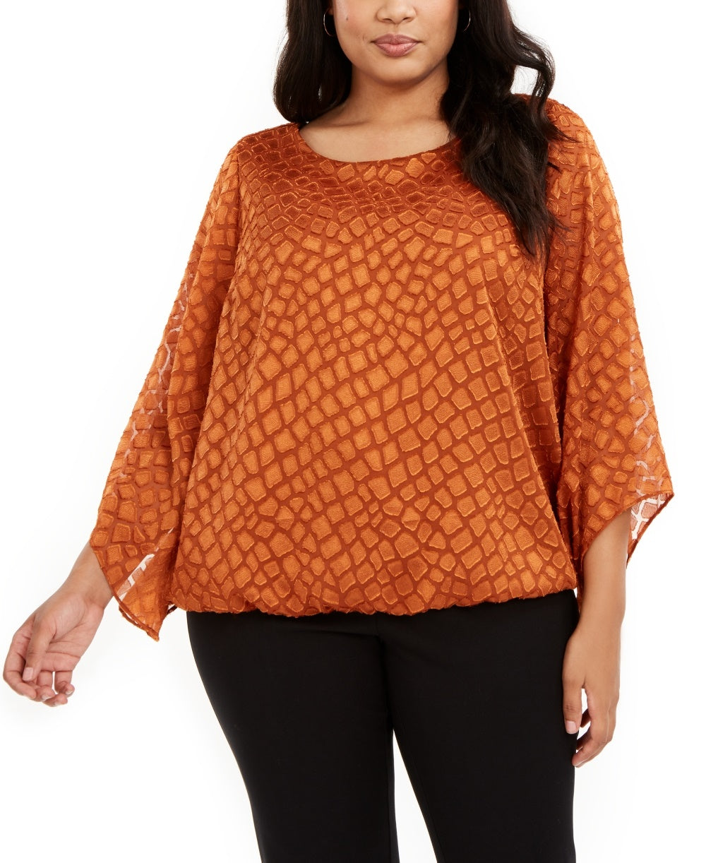 Alfani Women's Plus Size Printed Angel-Sleeve Bubble Top Brown Size 1X