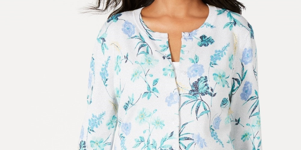 Charter Club Women's Floral-Print Cardigan Blue Size Medium