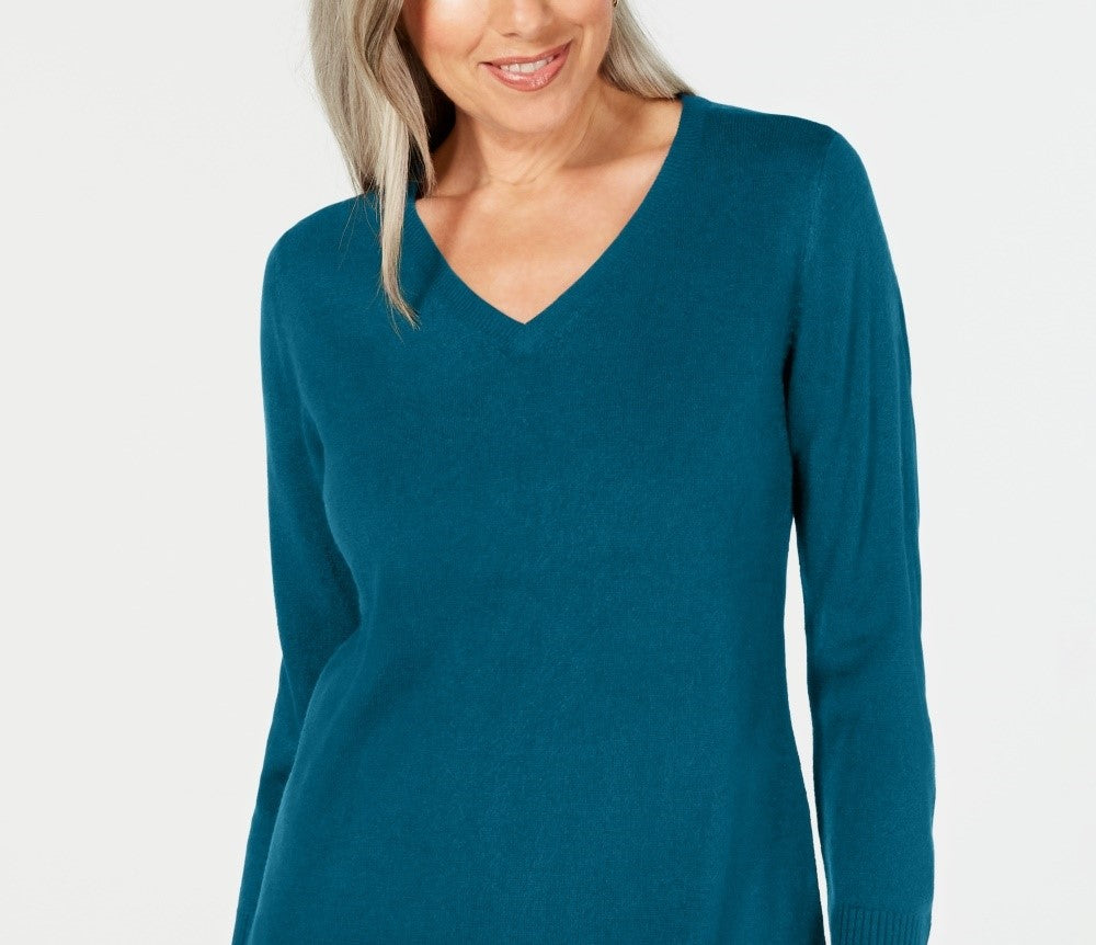 Karen Scott Women's Petite V-Neck Sweater  Teal  Size Medium