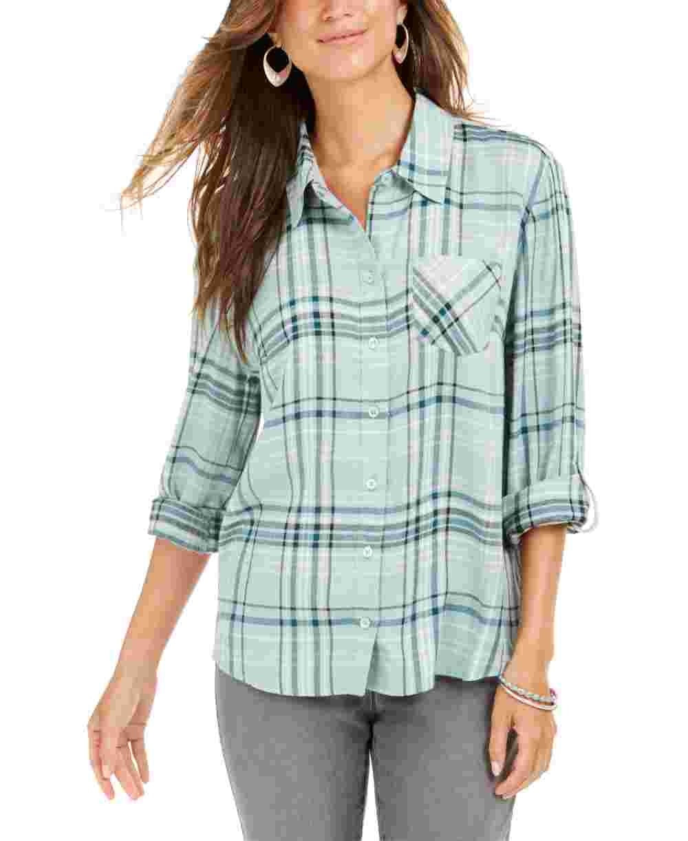 Style & Co Women's Plaid One-Pocket Shirt Green Size Small