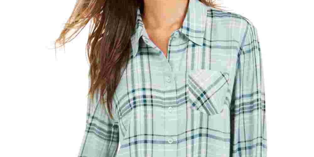 Style & Co Women's Plaid One-Pocket Shirt Green Size Small