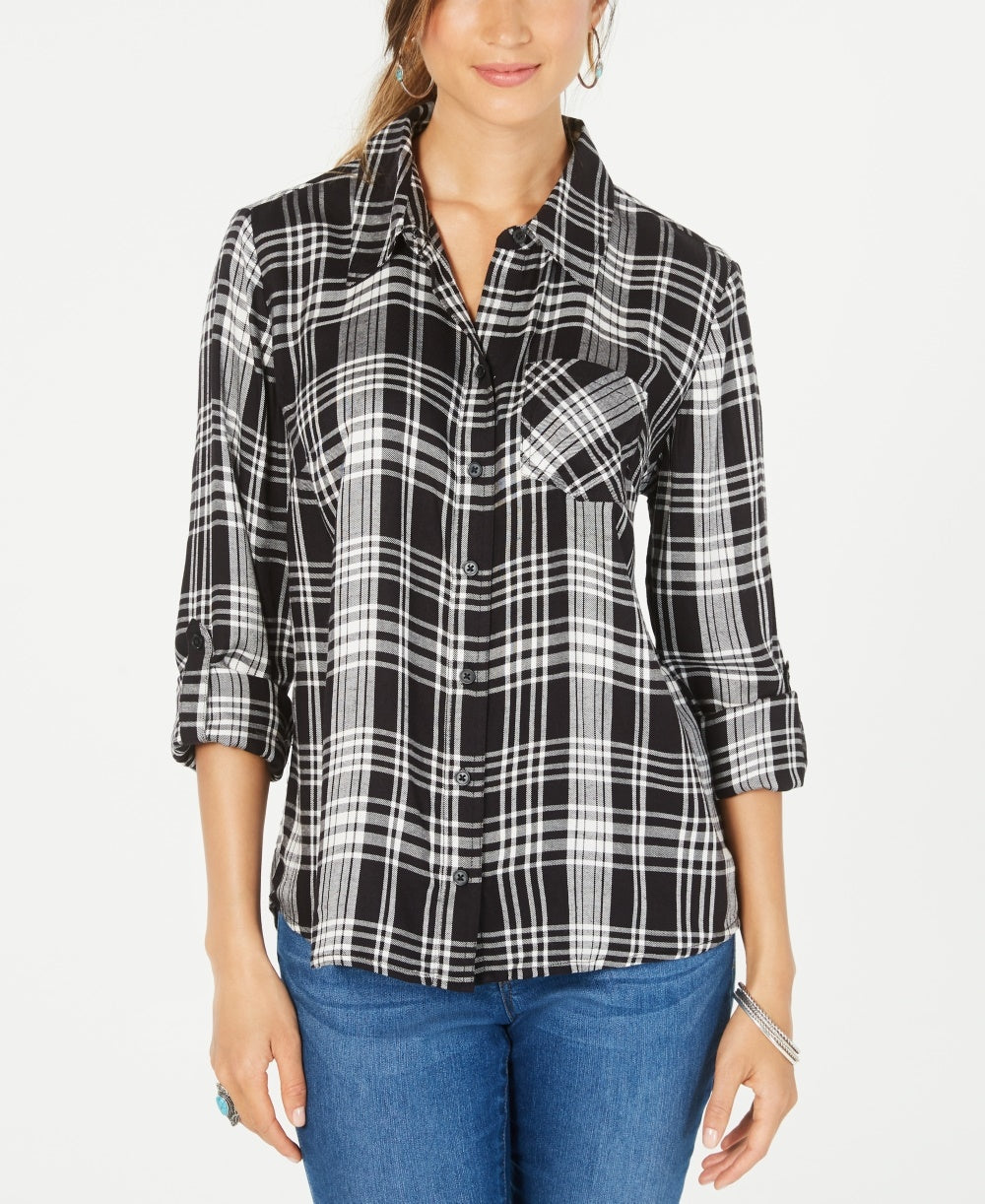 Style & Co Women's Petite Cotton Tab-Sleeve Plaid Shirt Black Size Petite Medium