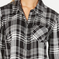 Style & Co Women's Petite Cotton Tab-Sleeve Plaid Shirt Black Size Petite Medium