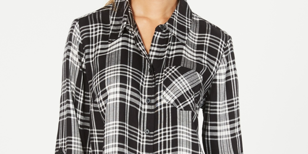 Style & Co Women's Petite Cotton Tab-Sleeve Plaid Shirt Black Size Petite Medium