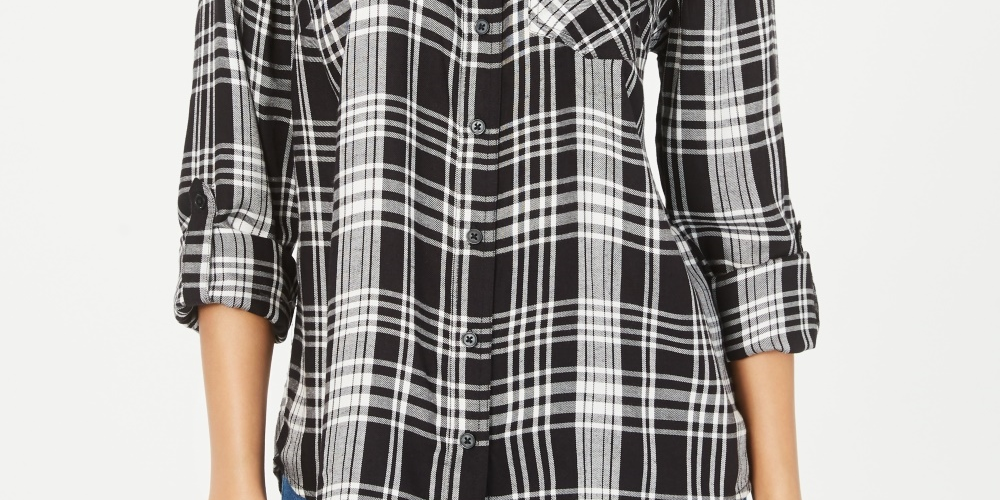 Style & Co Women's Petite Cotton Tab-Sleeve Plaid Shirt Black Size Petite Medium