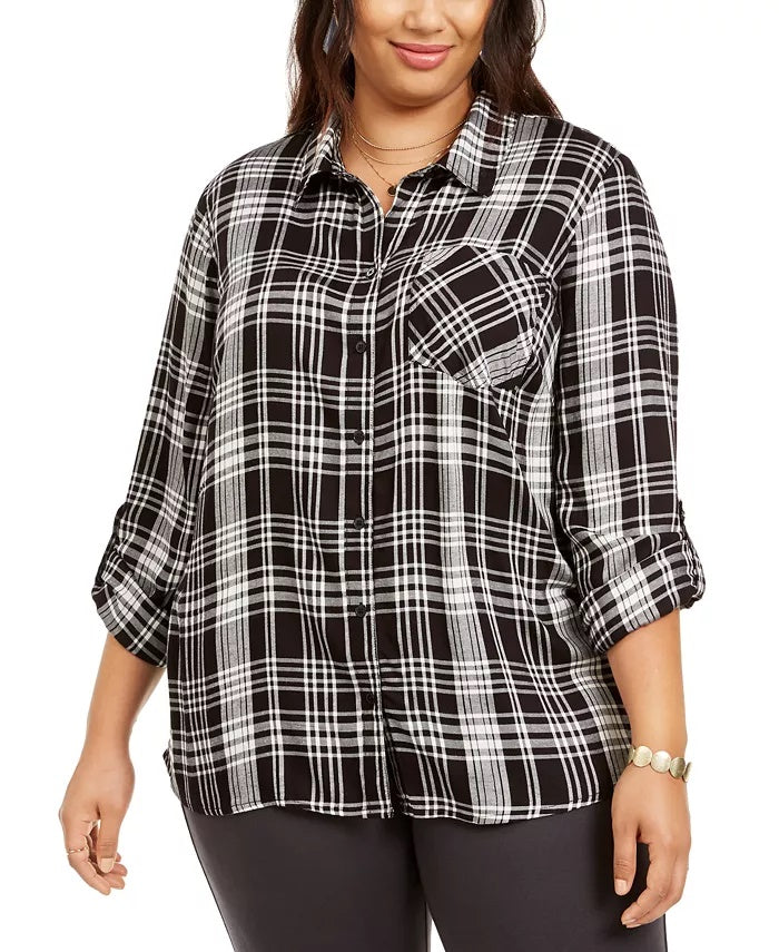 Style & Co Women's Plus Size Plaid Button-Up Shirt Black Size 0X