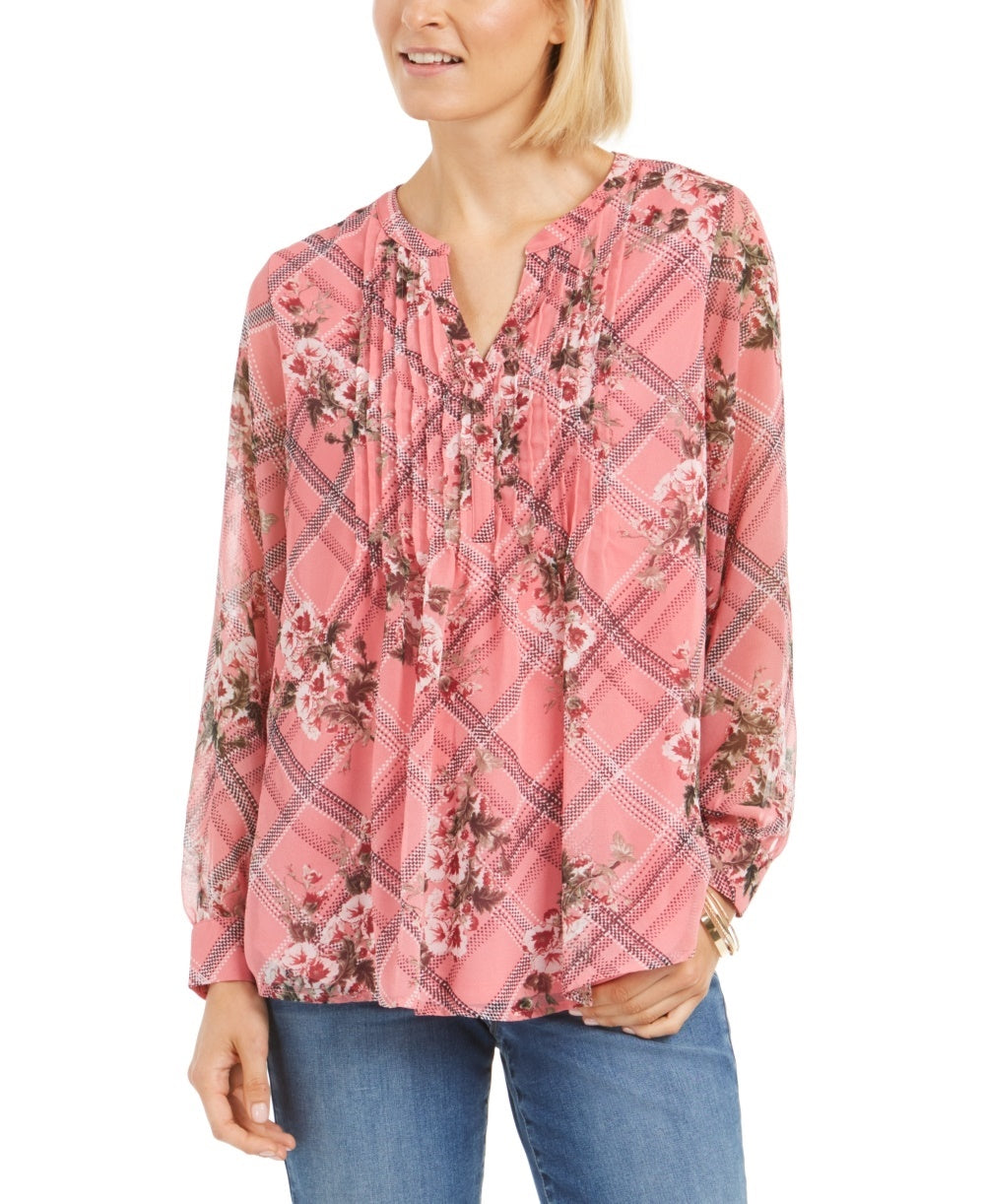 Charter Club Women's Printed Split Neck Top Pink Size Medium