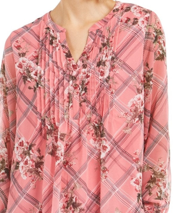 Charter Club Women's Printed Split Neck Top Pink Size Medium