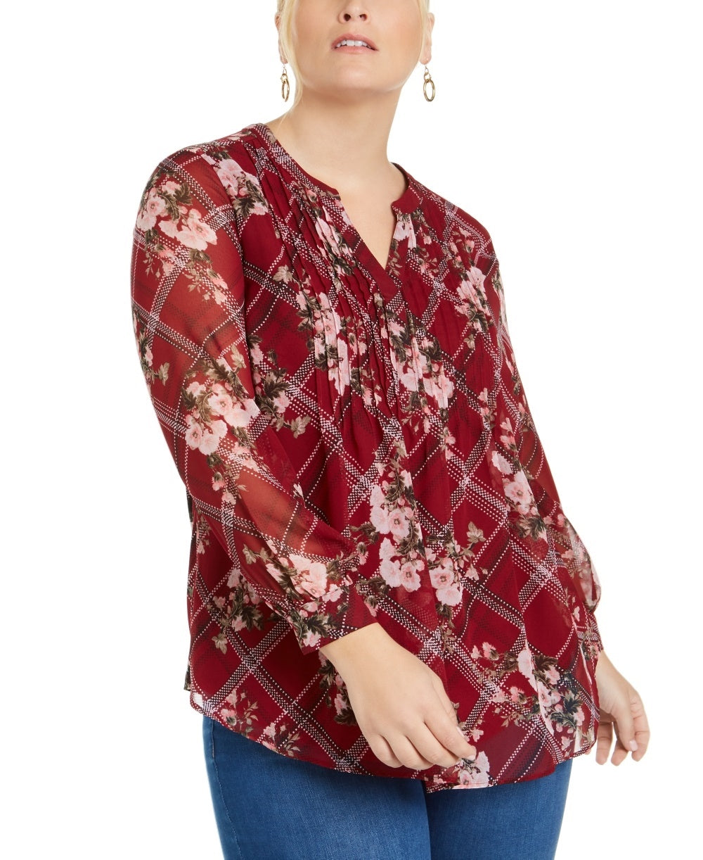 Charter Club Women's Printed Pintuck Front Top Wine Size 1X