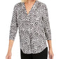 Charter Club Women's Animal Print Pleated V Neck Top White Size Large