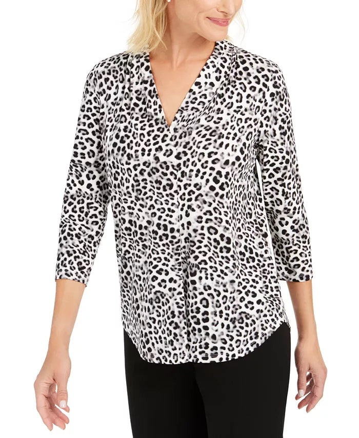 Charter Club Women's Animal Print Pleated V Neck Top White Size Large
