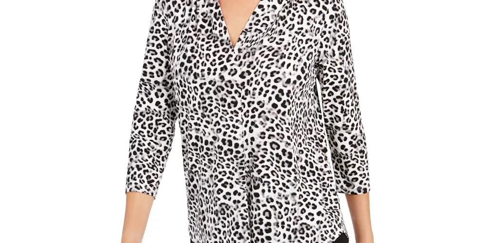 Charter Club Women's Animal Print Pleated V Neck Top White Size Large
