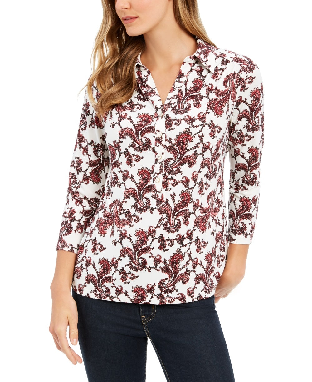 Charter Club Women's Printed 3/4 Sleeve Polo Top  White Size Petite Small