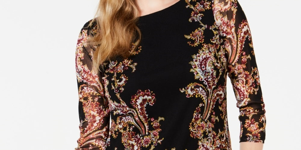 Charter Club Women's Floral Print Mesh Top Black Size Small