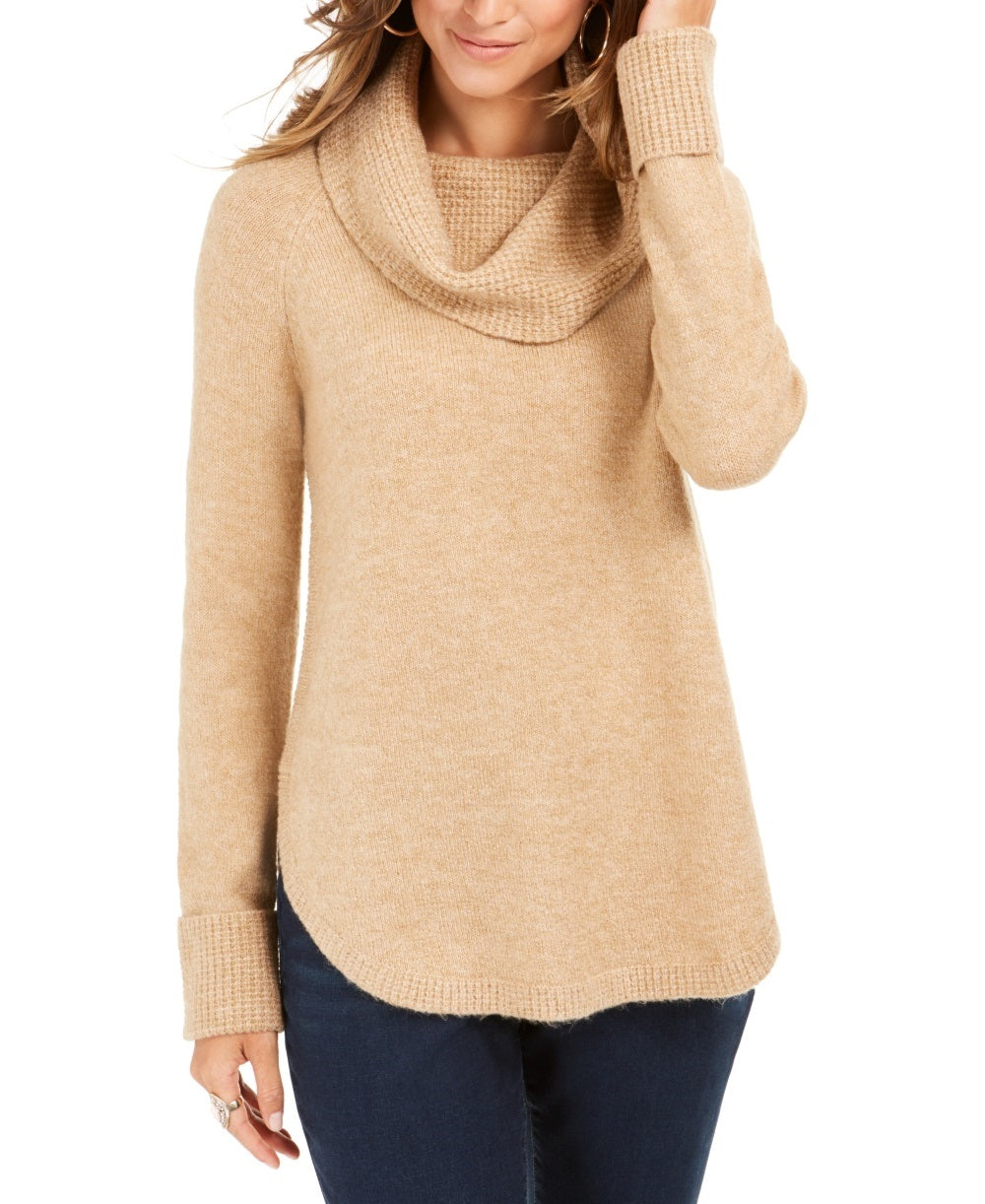Style & Co Women's Cowl Neck Waffle Knit Sweater  Beige Size XX-Large
